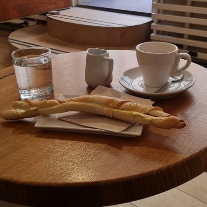 Favorite Kamer restaurant, table with breakfast on it